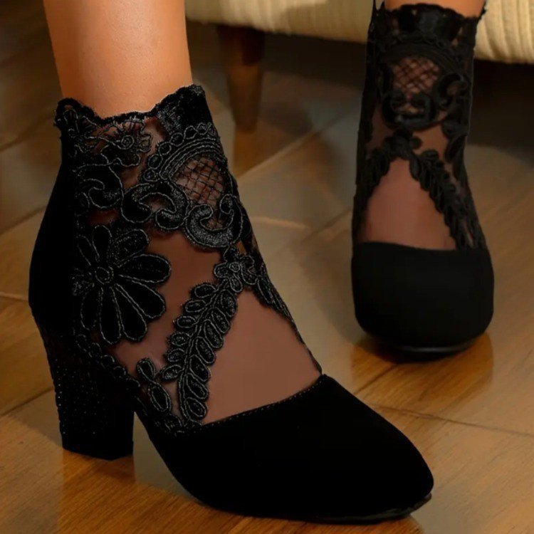 Women’s Lace Panel High Heel Pumps with Pointed Toe