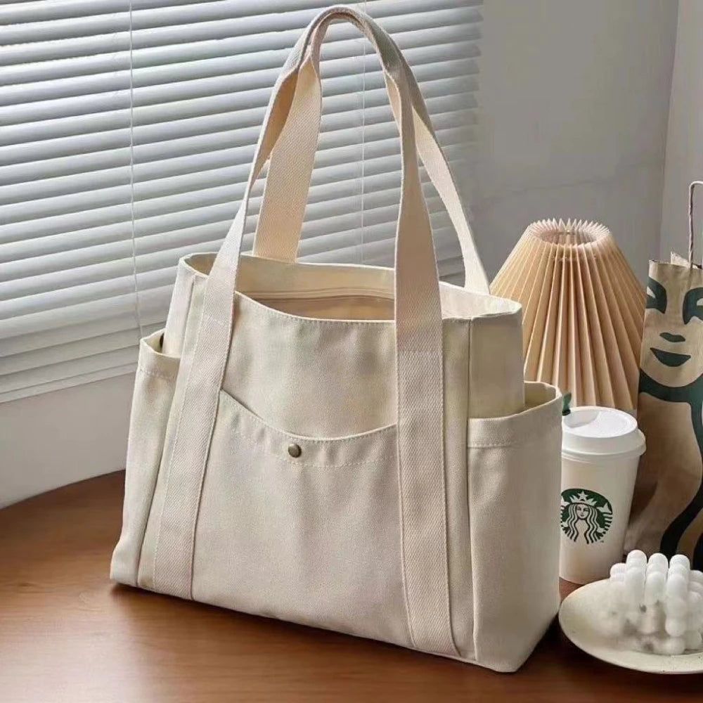 Women’s Large Canvas Tote Bag with Zip Closure and Side Pockets