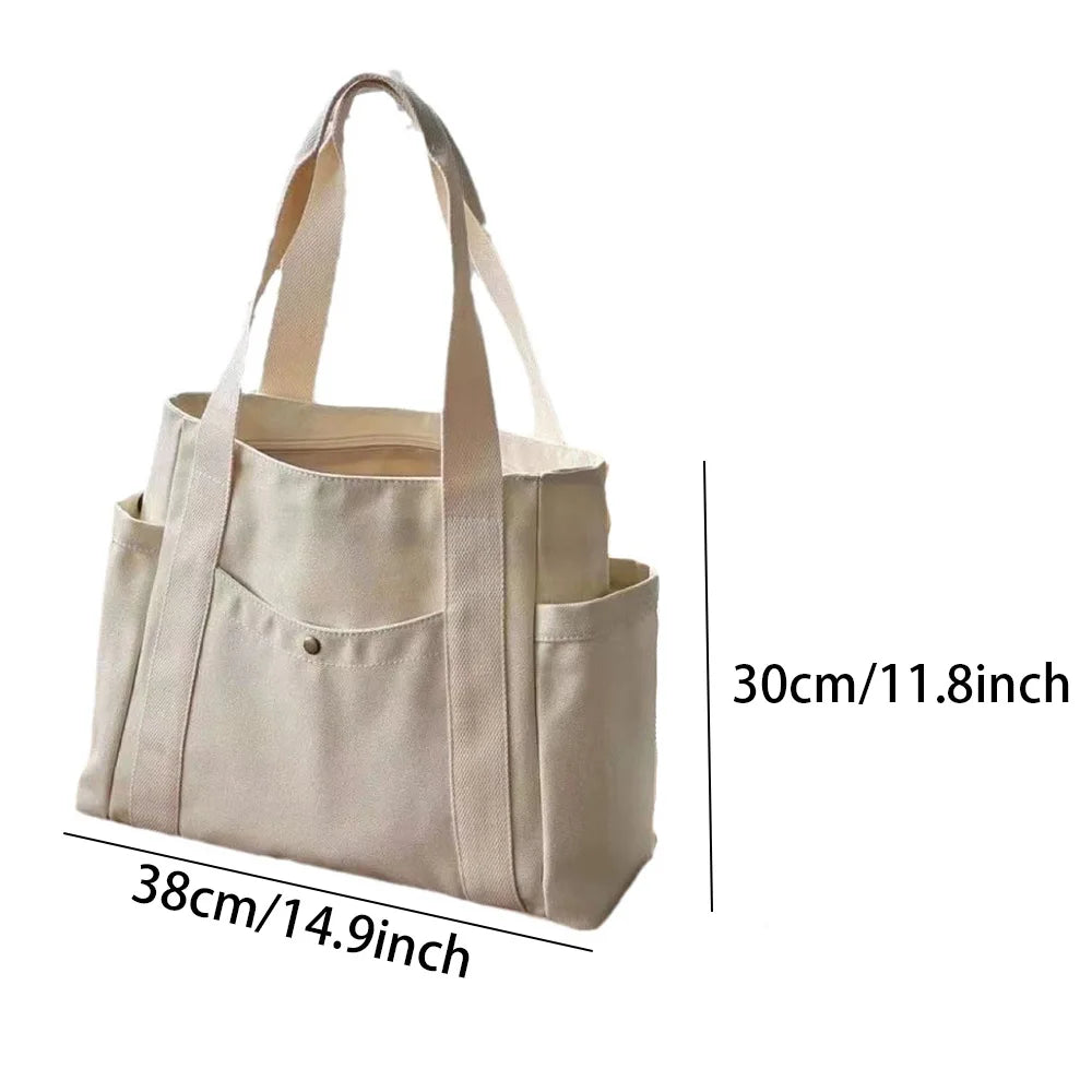Women’s Large Canvas Tote Bag with Zip Closure and Side Pockets