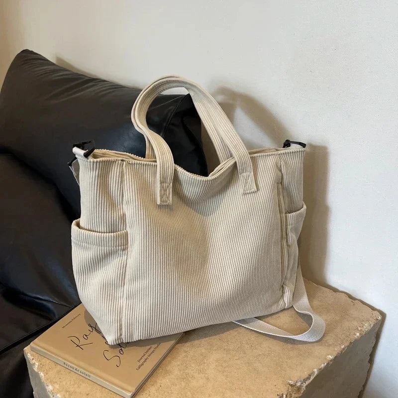 Women’s Large Corduroy Shoulder Tote Bag with Detachable Strap