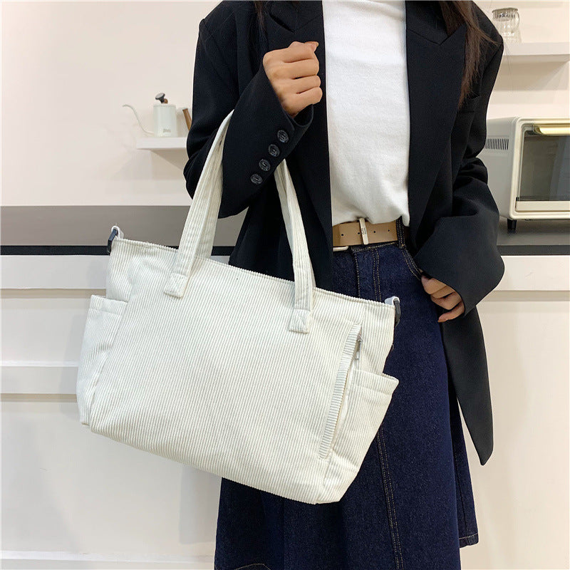 Women’s Large Corduroy Shoulder Tote Bag with Detachable Strap