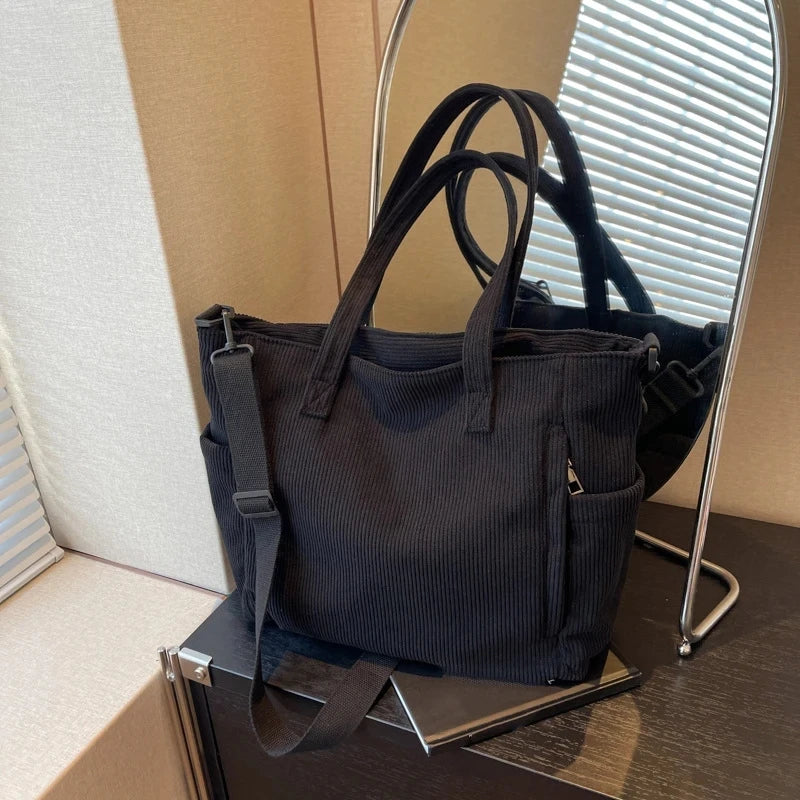 Women’s Large Corduroy Shoulder Tote Bag with Detachable Strap