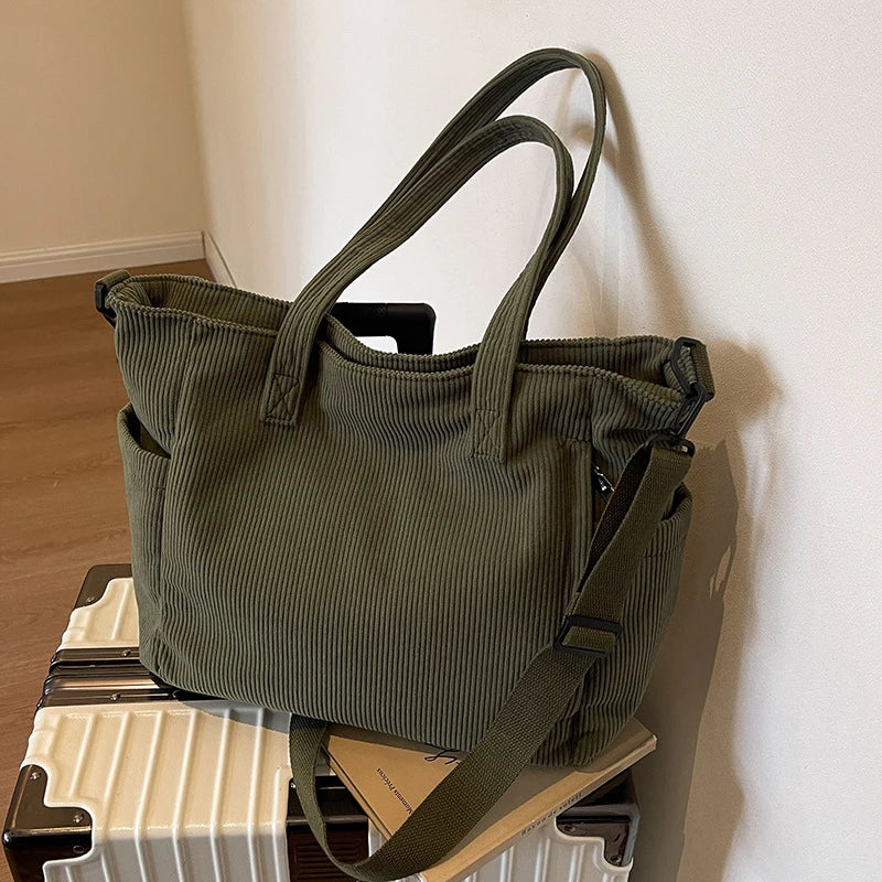 Women’s Large Corduroy Shoulder Tote Bag with Detachable Strap