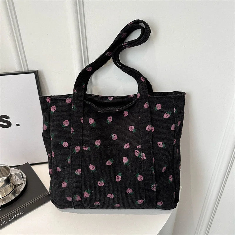 Women’s Large Corduroy Tote Bag with Strawberry Print