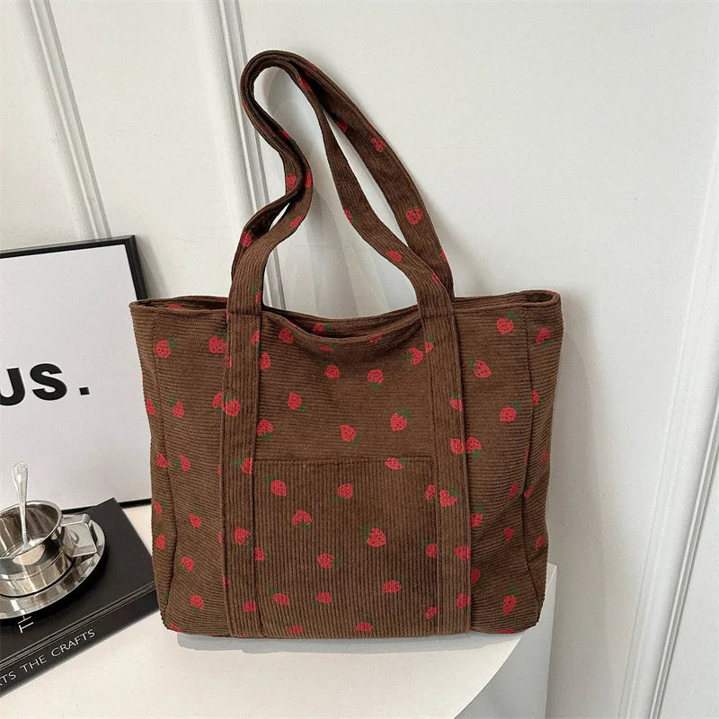 Women’s Large Corduroy Tote Bag with Strawberry Print