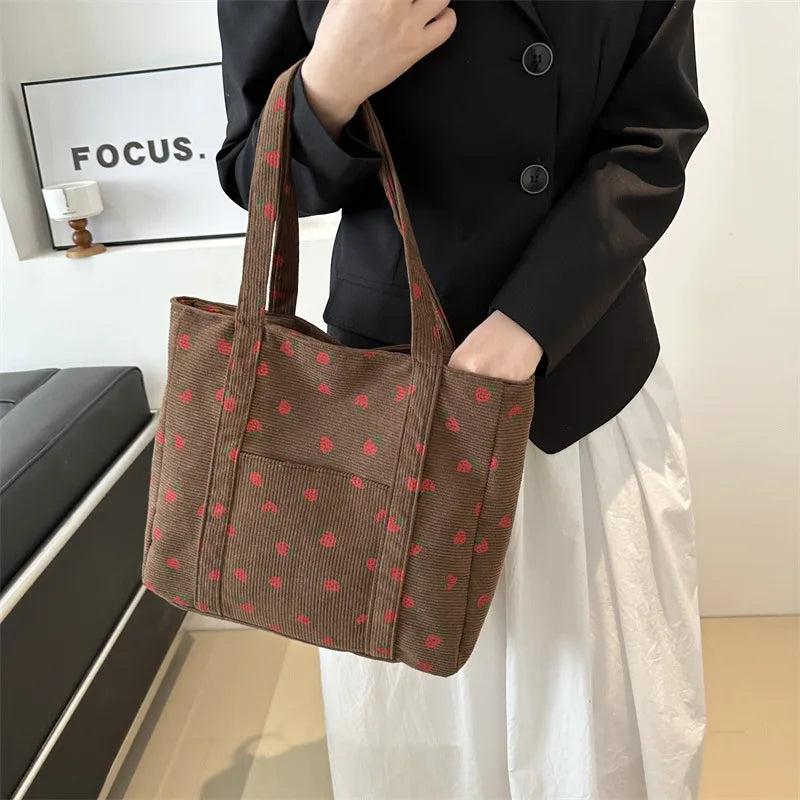 Women’s Large Corduroy Tote Bag with Strawberry Print