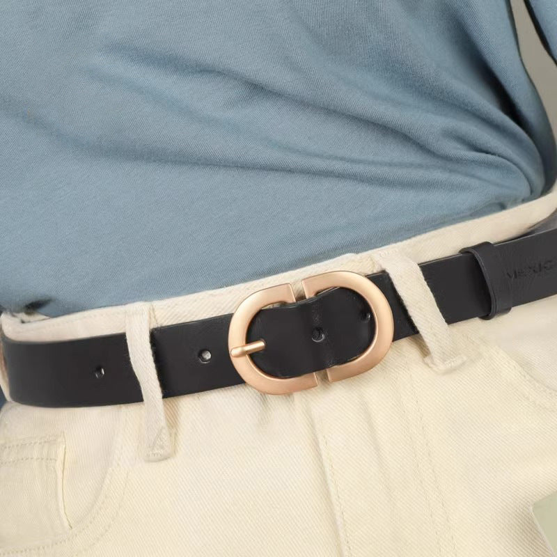 Women’s Leather Casual Belt with Oval Metal Buckle