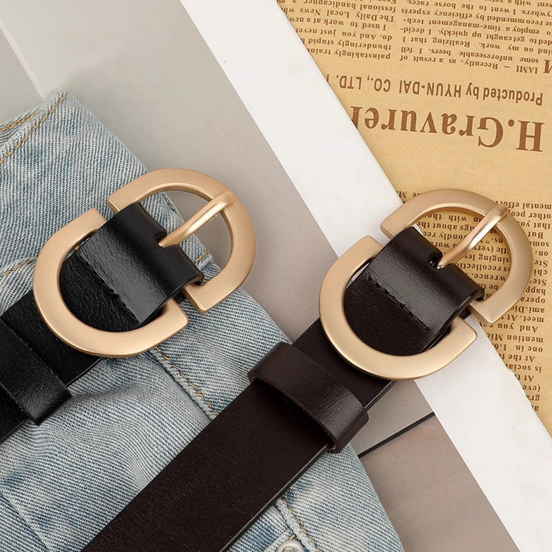 Women’s Leather Casual Belt with Oval Metal Buckle
