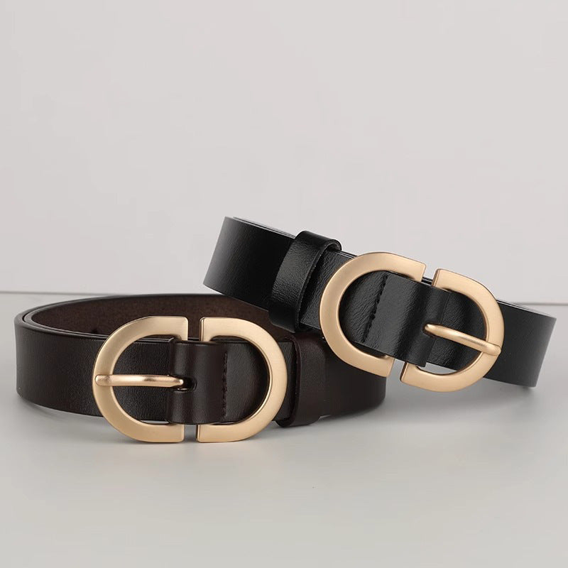 Women’s Leather Casual Belt with Oval Metal Buckle