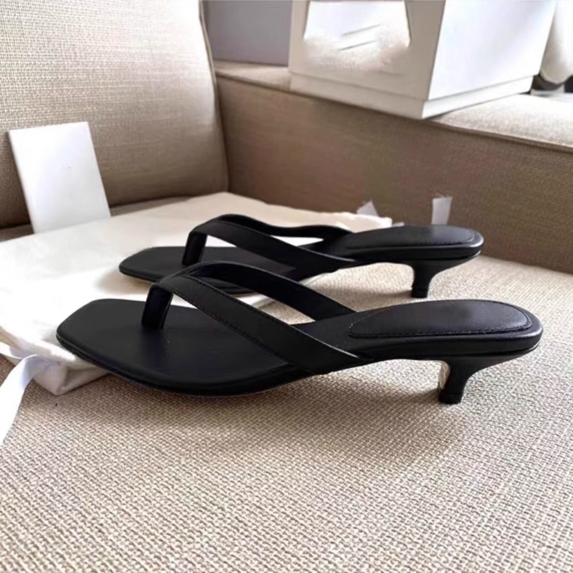 Women’s Leather Kitten Heel Flip Flops with Square Toe