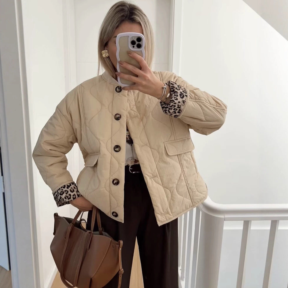 Women’s Quilted Jacket with Button and Leopard Print Lining