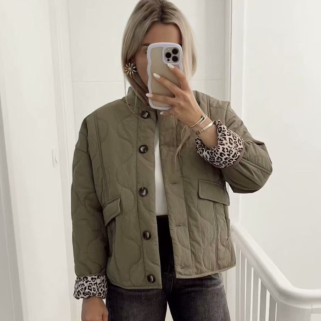 Women’s Quilted Jacket with Button and Leopard Print Lining