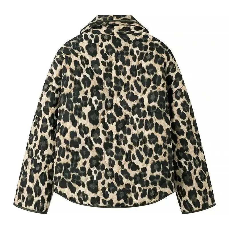 Women’s Quilted Leopard Print Jacket with Patch Pockets