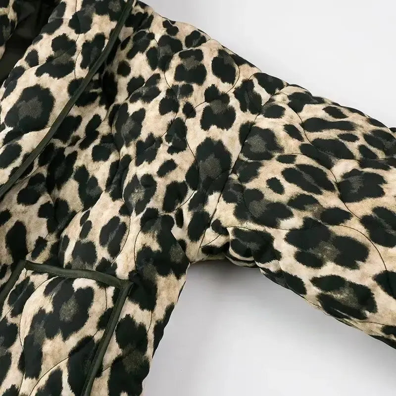 Women’s Quilted Leopard Print Jacket with Patch Pockets