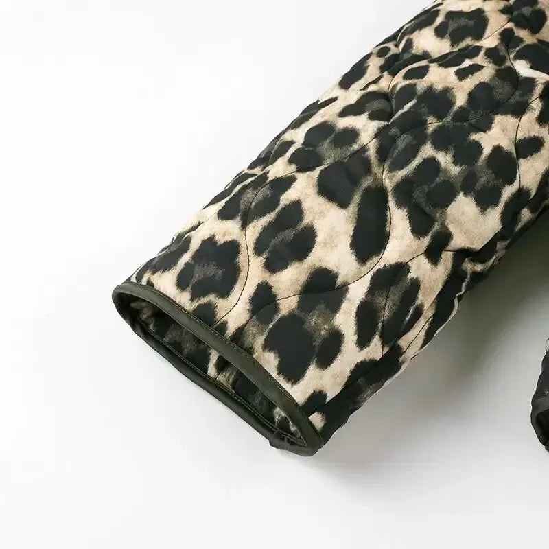 Women’s Quilted Leopard Print Jacket with Patch Pockets