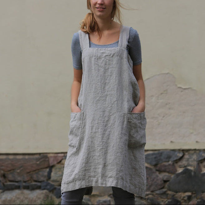 Women’s Linen Apron Dress with Patch Pockets