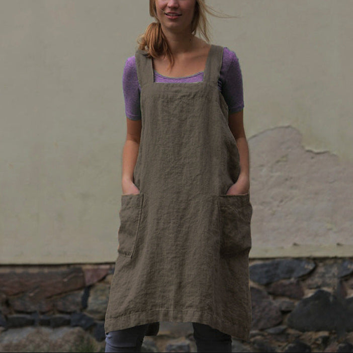 Women’s Linen Apron Dress with Patch Pockets