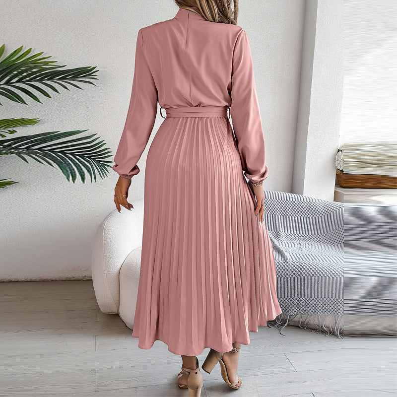 Women’s Long Sleeve Pleated Midi Dress with Belt