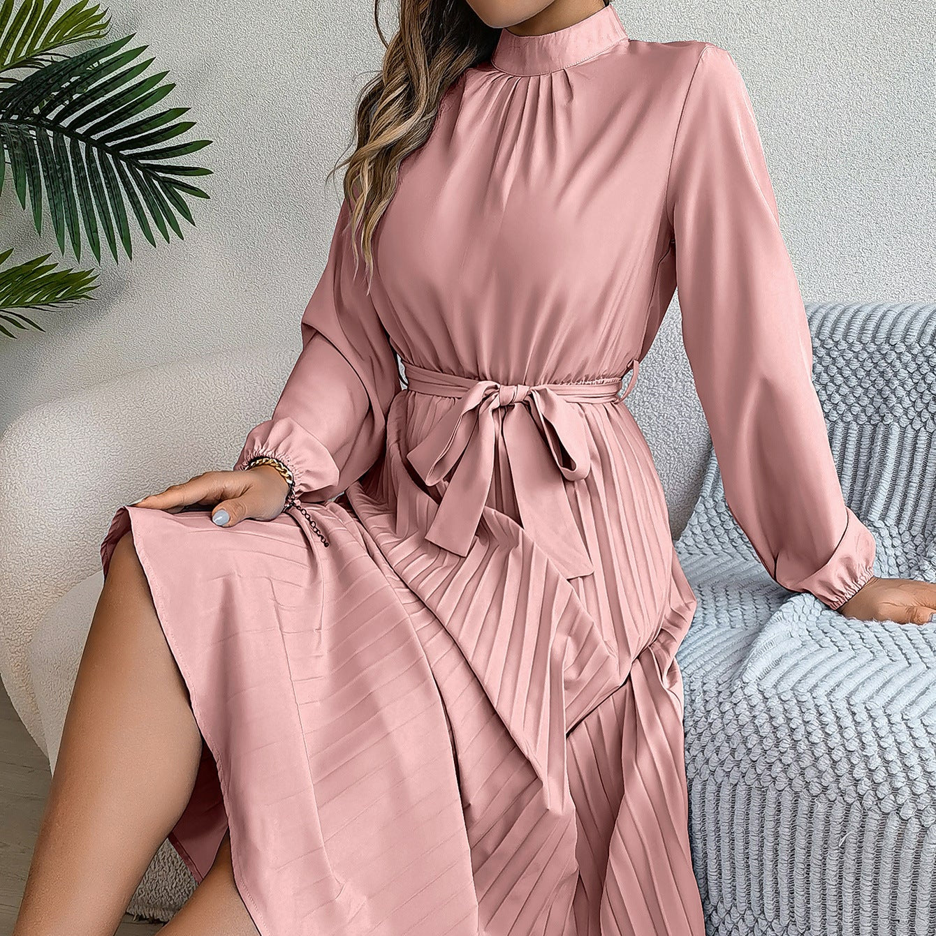 Women’s Long Sleeve Pleated Midi Dress with Belt