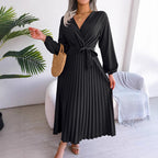 Women’s Long Sleeve Pleated Midi Dress with Belt
