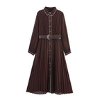 Women’s Long Sleeve Pleated Midi Dress with Belt and Collar