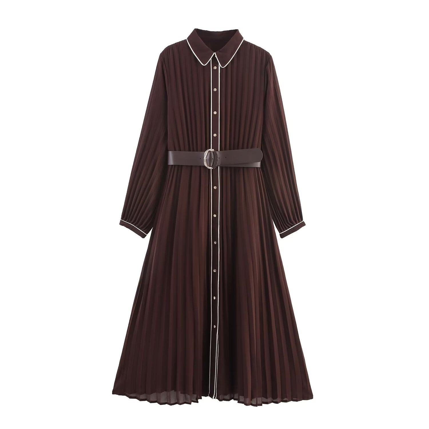 Women’s Long Sleeve Pleated Midi Dress with Belt and Collar