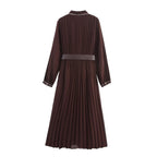 Women’s Long Sleeve Pleated Midi Dress with Belt and Collar