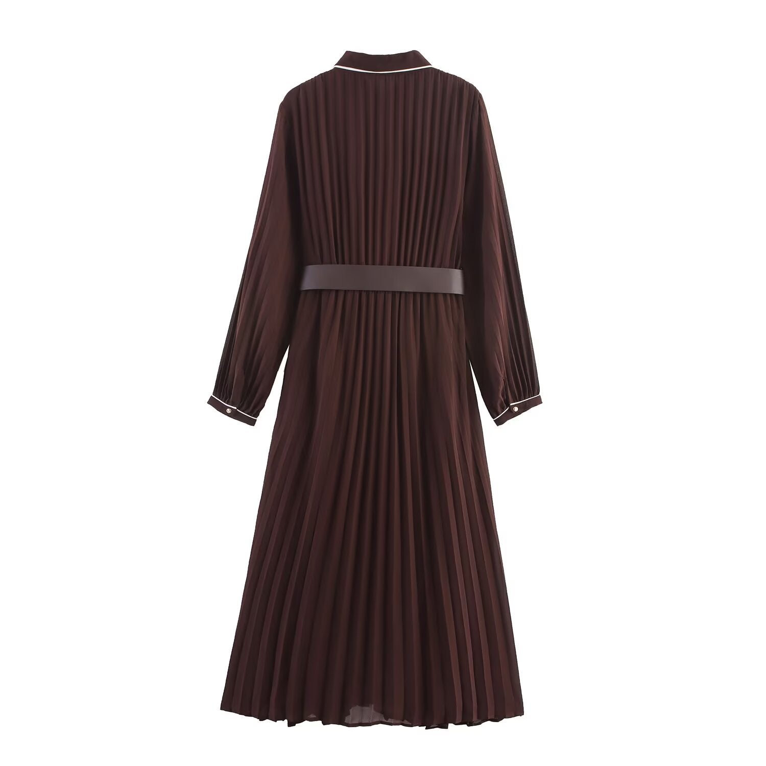 Women’s Long Sleeve Pleated Midi Dress with Belt and Collar
