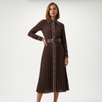 Women’s Long Sleeve Pleated Midi Dress with Belt and Collar