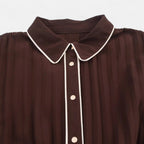 Women’s Long Sleeve Pleated Midi Dress with Belt and Collar