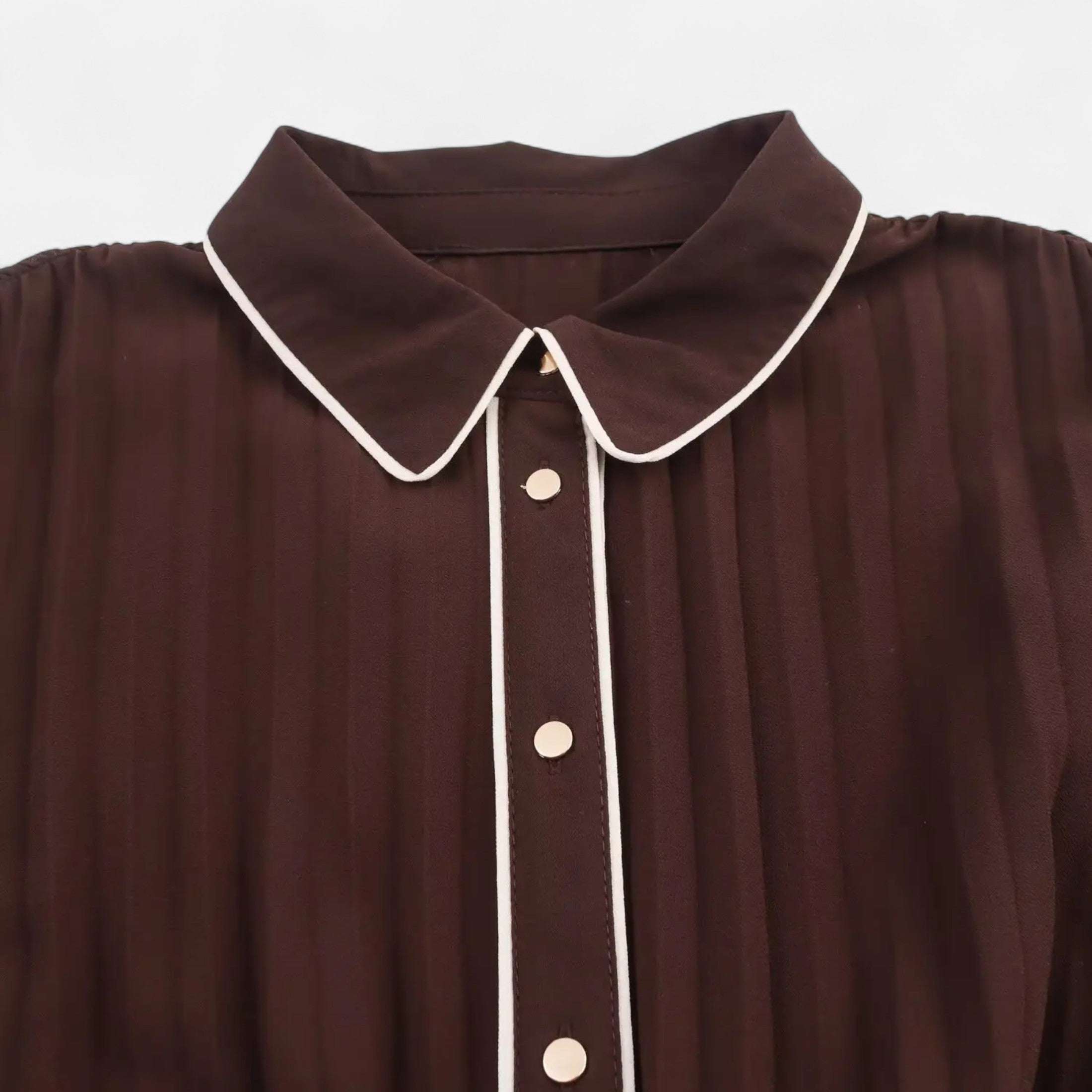 Women’s Long Sleeve Pleated Midi Dress with Belt and Collar