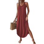 Women’s Loose Midi Summer Dress with V Neck and Side Split