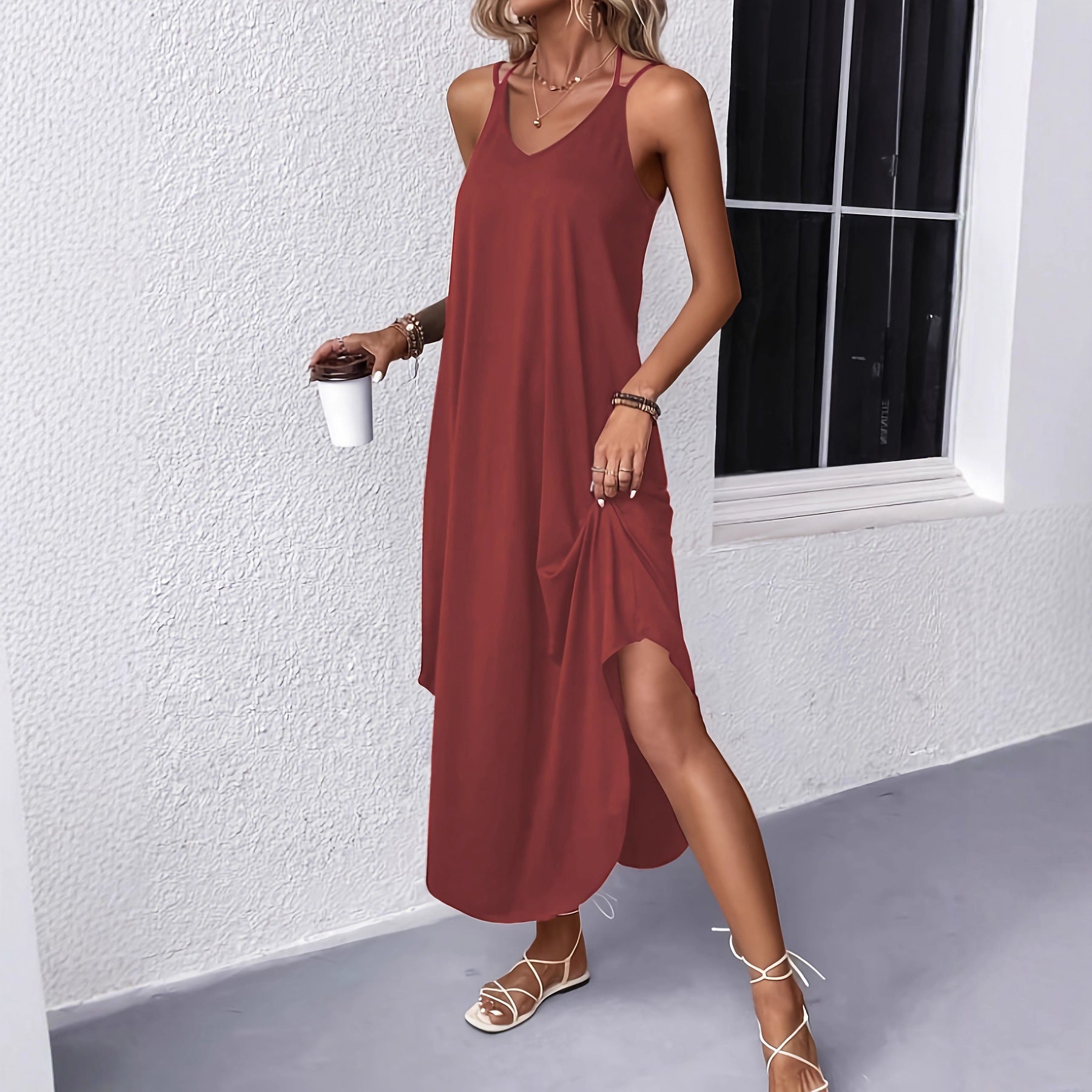 Women’s Loose Midi Summer Dress with V Neck and Side Split