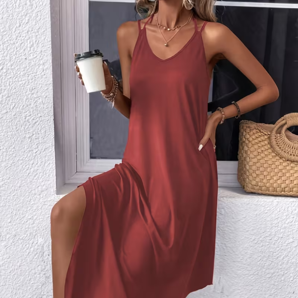 Women’s Loose Midi Summer Dress with V Neck and Side Split