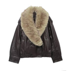 Women’s Loose PU Leather Jacket with Removable Faux Fur Collar