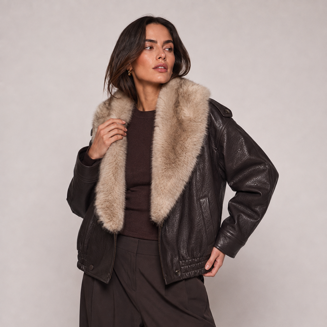 Women’s Loose PU Leather Jacket with Removable Faux Fur Collar