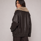 Women’s Loose PU Leather Jacket with Removable Faux Fur Collar