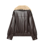 Women’s Loose PU Leather Jacket with Removable Faux Fur Collar