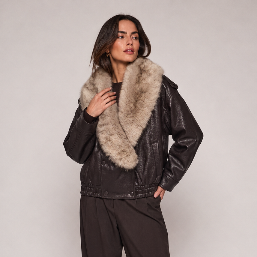 Women’s Loose PU Leather Jacket with Removable Faux Fur Collar