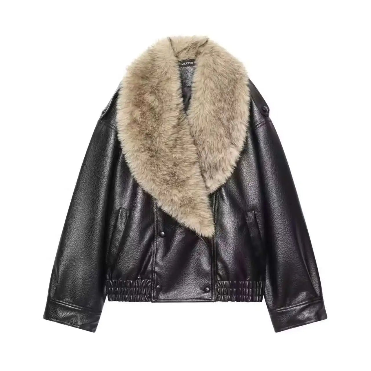 Women’s Loose PU Leather Jacket with Removable Faux Fur Collar