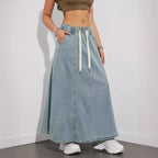 Women’s Maxi Denim Skirt with Drawstring Waist and Pockets