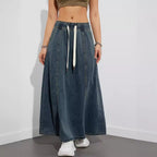 Women’s Maxi Denim Skirt with Drawstring Waist and Pockets