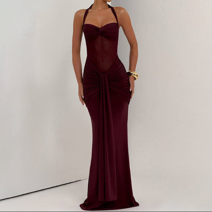 Women’s Mesh Halter Neck Maxi Dress with Drop Waist