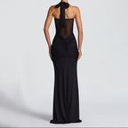Women’s Mesh Halter Neck Maxi Dress with Drop Waist