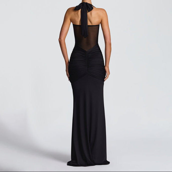 Women’s Mesh Halter Neck Maxi Dress with Drop Waist