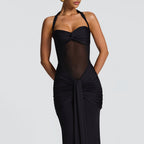 Women’s Mesh Halter Neck Maxi Dress with Drop Waist