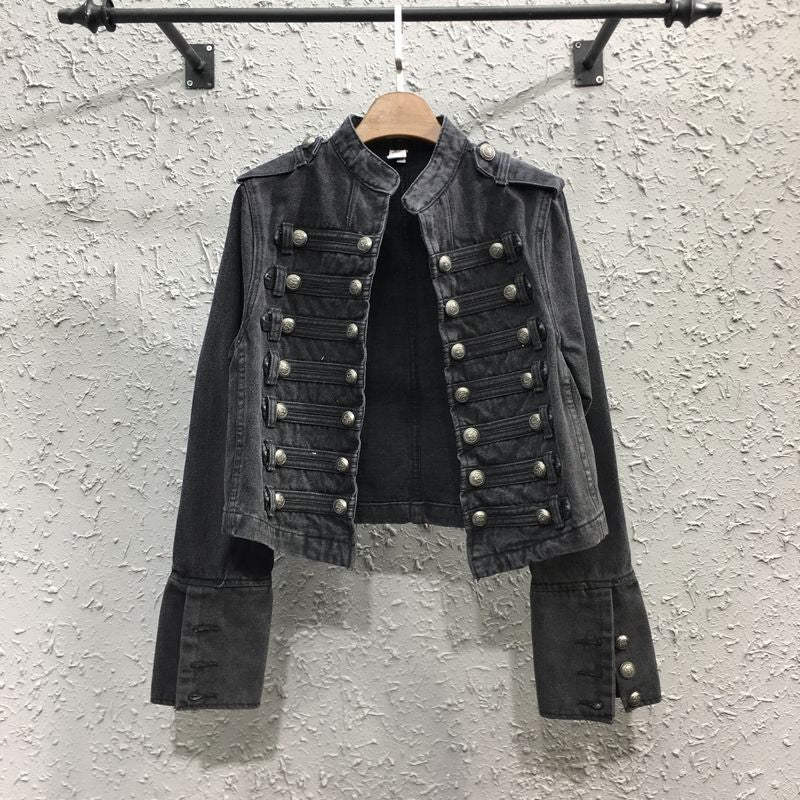 Women’s Military Officer Style Denim Jacket with Stand Collar