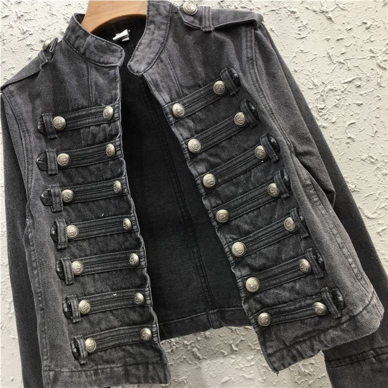 Women’s Military Officer Style Denim Jacket with Stand Collar
