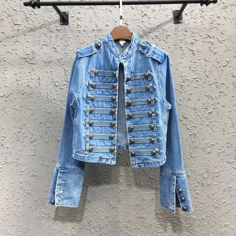 Women’s Military Officer Style Denim Jacket with Stand Collar