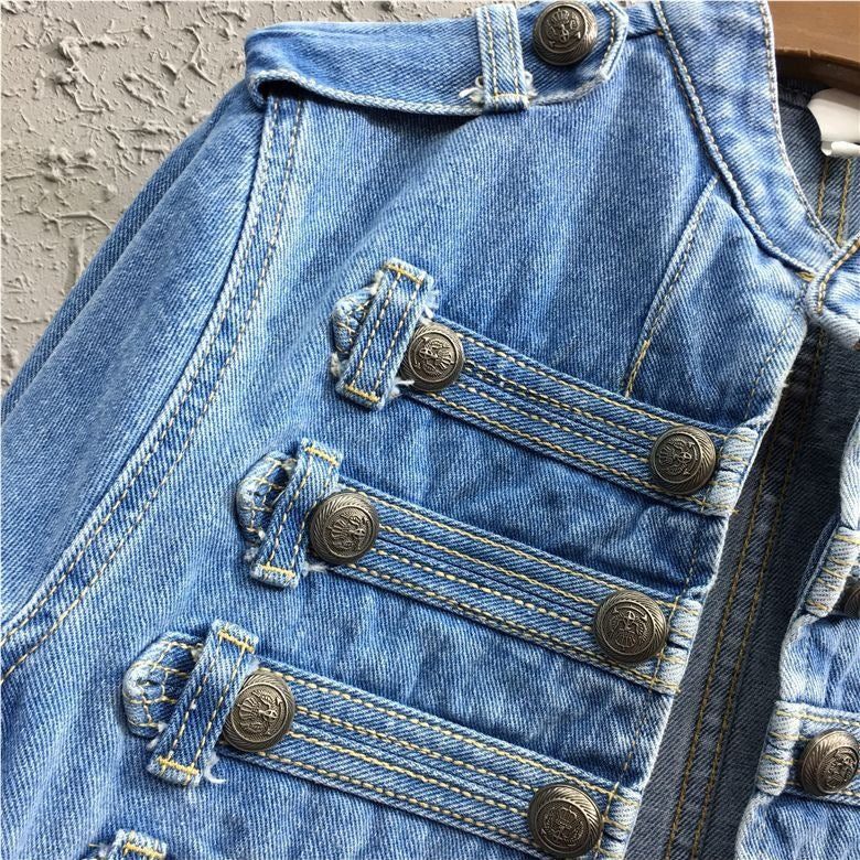 Women’s Military Officer Style Denim Jacket with Stand Collar